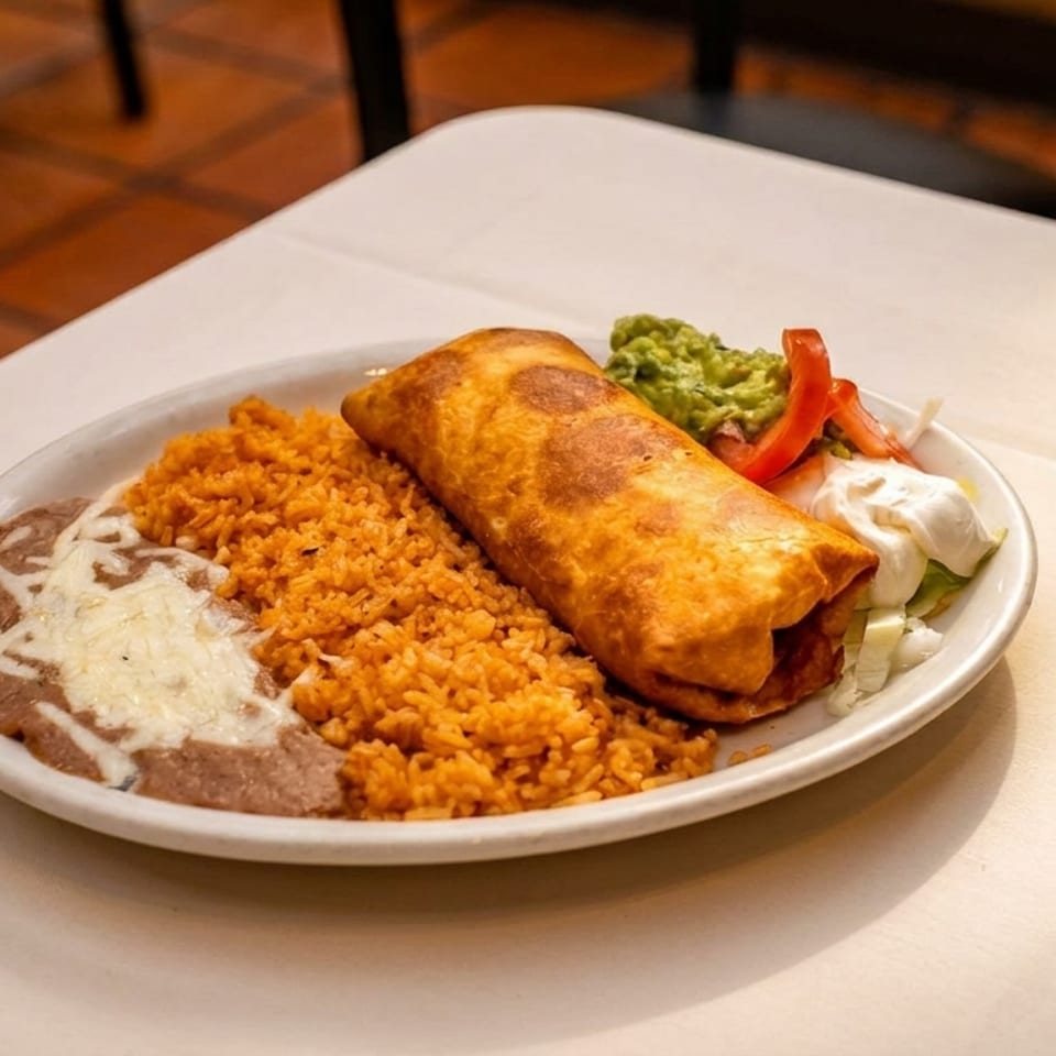 A golden-brown chimichanga with rice, refried beans, guacamole, sour cream, and sliced tomatoes.