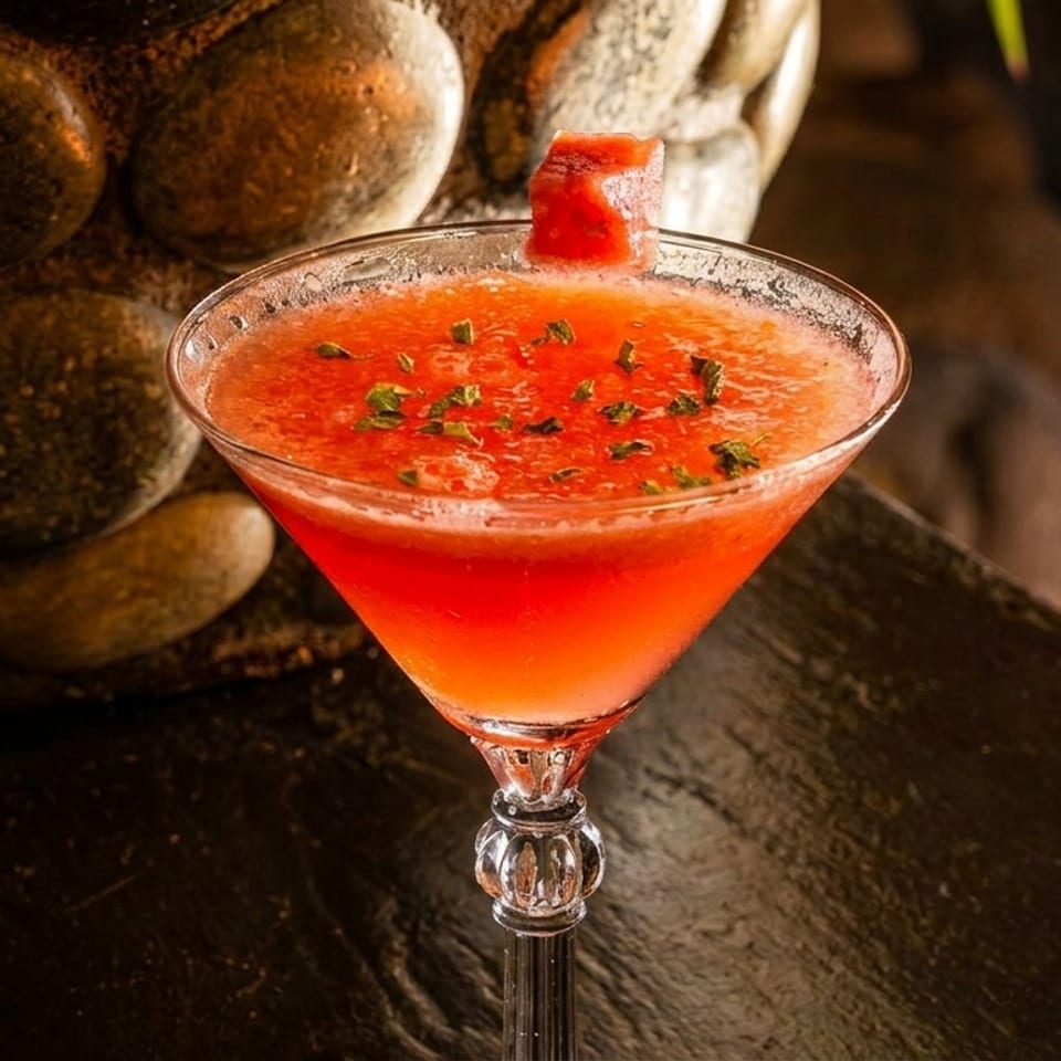 Watermelon cocktail in a martini glass, garnished with mint and a watermelon cube.