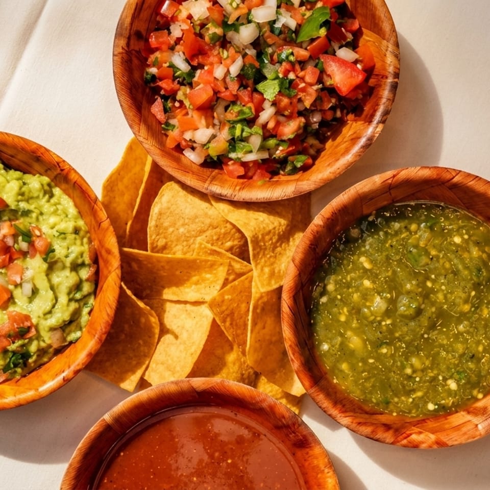 Four wooden bowls of guacamole, pico de gallo, salsa verde, and red salsa with tortilla chips.